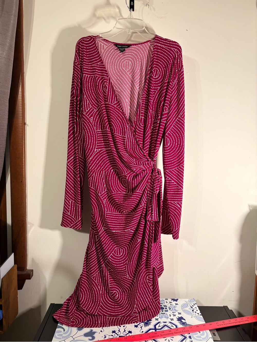 Maggy London Fuchsia Wrap Dress with Dotted Swirl Print